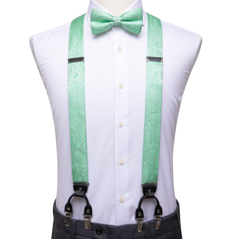 Dubulle Mens Clips Suspenders and Pretied Bowtie Set Y Shape Adjustable Paisley Checks Braces Pocket Square,Mint Green - Image 2